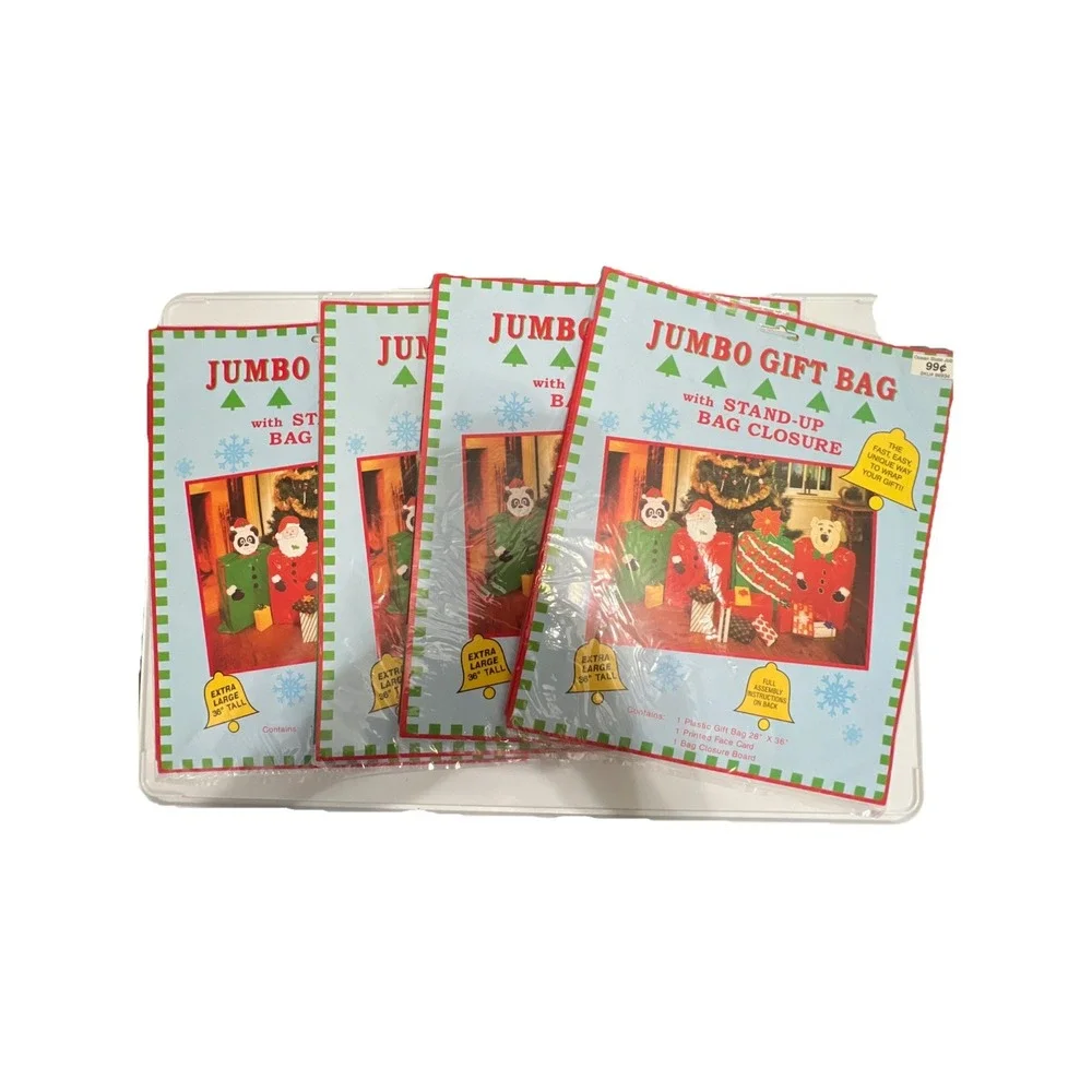 4-Vintage 1990s Jumbo Gift Bag With Santa Panda Poinsettia Christmas 28x36 NOS
